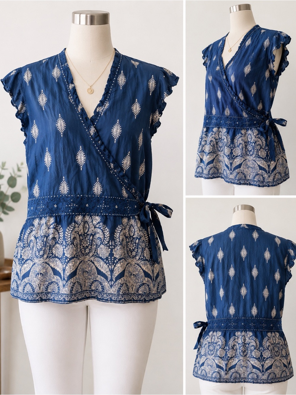 NEXT Size 14 Blue Paisley Boho Indie 100% Cotton Wrap Top Ruffle Sleeves